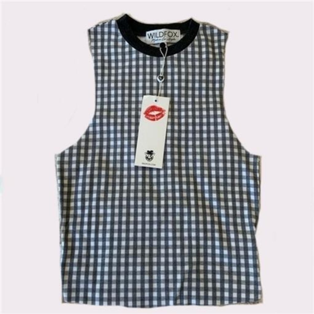 Nwt Wildfox Sm Sleeveless High Neck Black White Check T Shirt 98127
